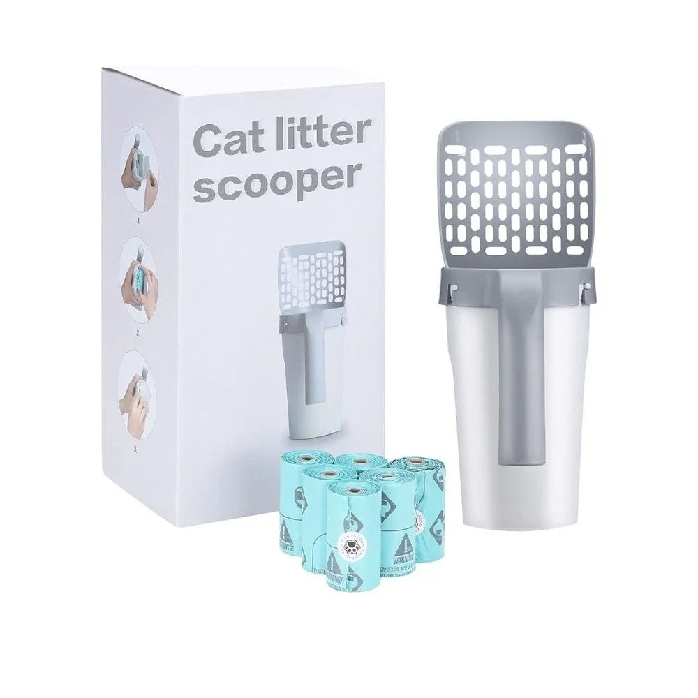 Cat Litter Scoop with Attached Waste Caddy 2-in-1 Detachable Sifter and bags new